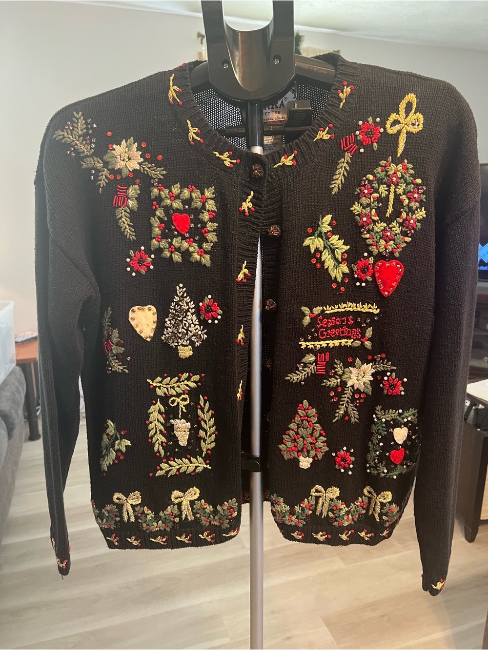 Tiara Black Embroidered Holiday Cardigan with Red and Green Accents